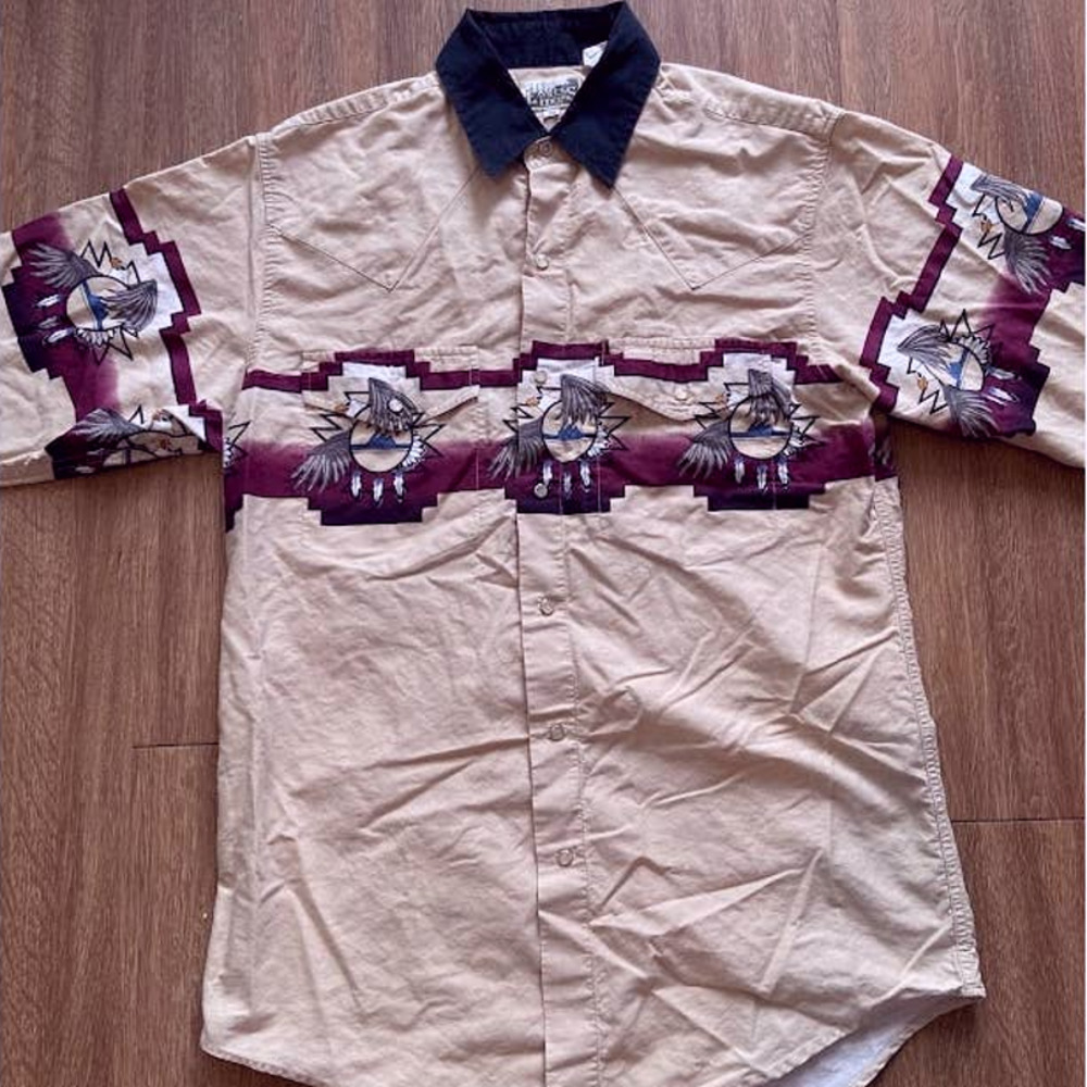 Express Rider Mens M Eagle Print Western Pearl Snap Short Sleeve